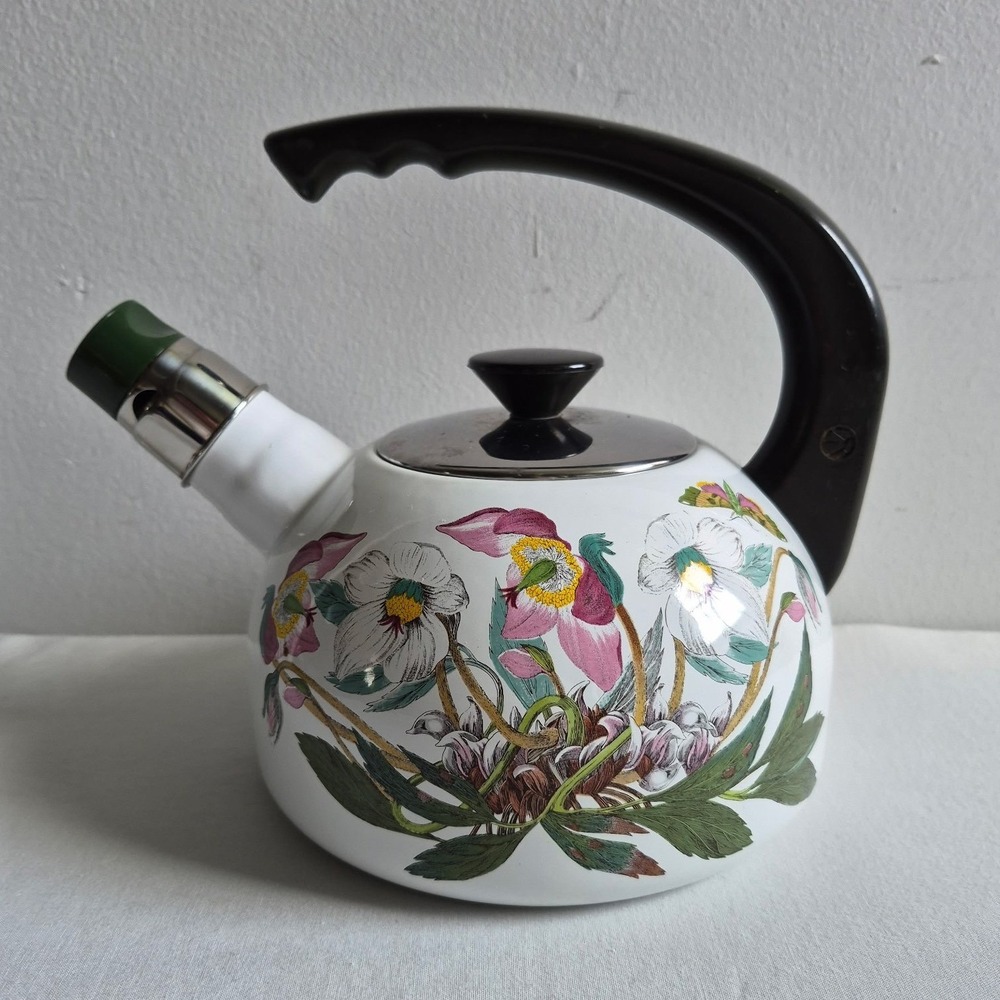 Portmeirion Botanic Garden Tea Kettle White Floral Enamel Stovetop Cottagecore